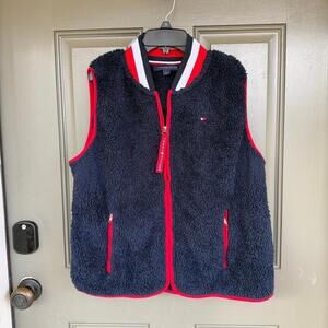 Tommy Hilfiger Women's Sherpa Fleece Vest Navy Blue‎ Red Full Zip Size Large
